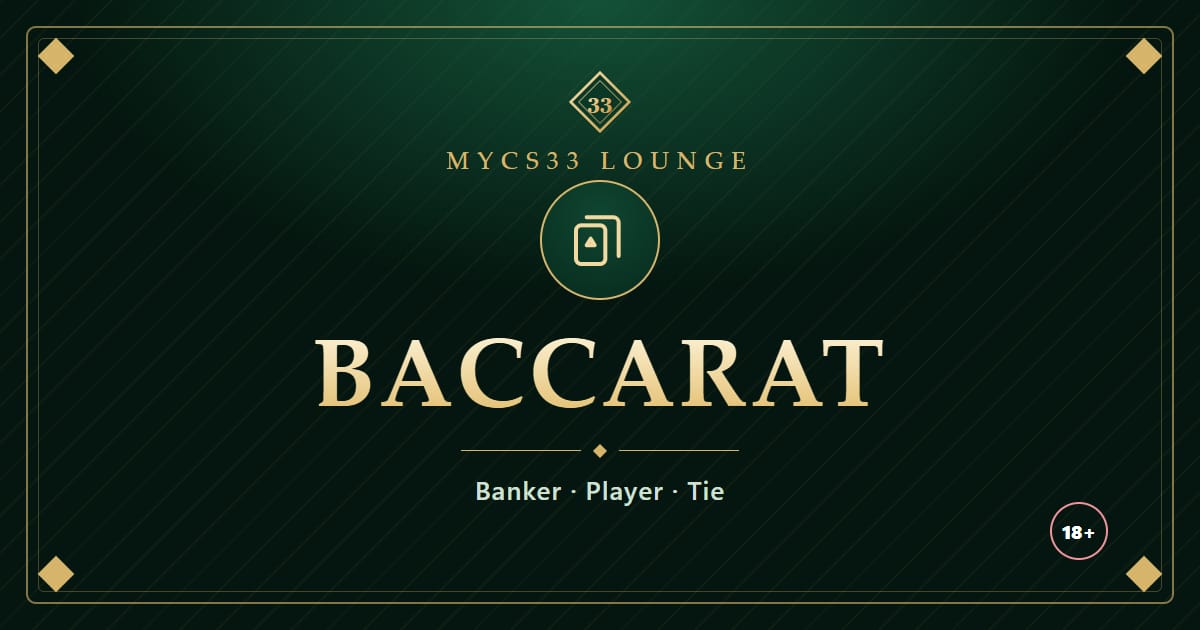 Ilustrasi dua kad bermain emas di atas latar zamrud dengan tulisan Baccarat, Banker, Player dan Tie