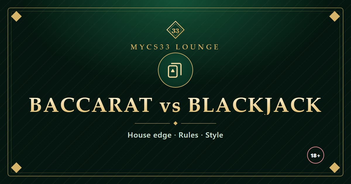 祖母绿与金色底板写着 Baccarat vs Blackjack，配有纸牌图标，代表两款纸牌游戏的对比