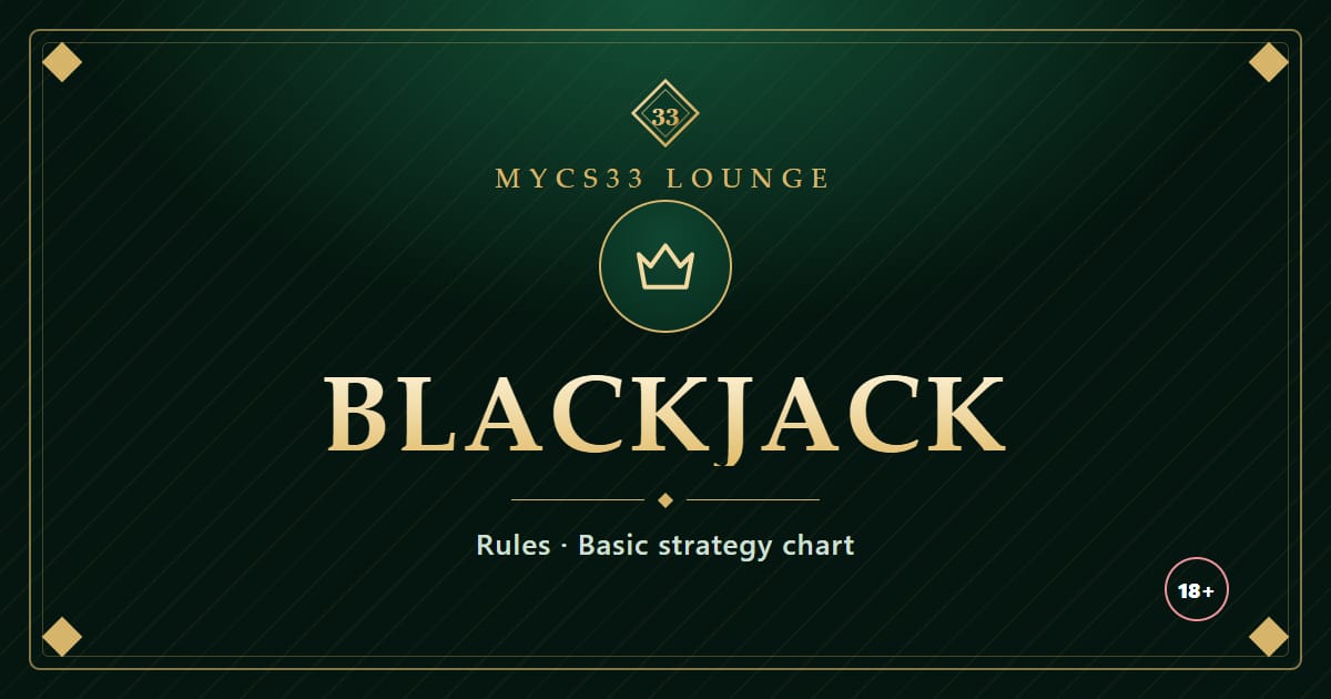 Emerald and gold plate reading Blackjack with a crown icon, representing the rules and the basic strategy chart