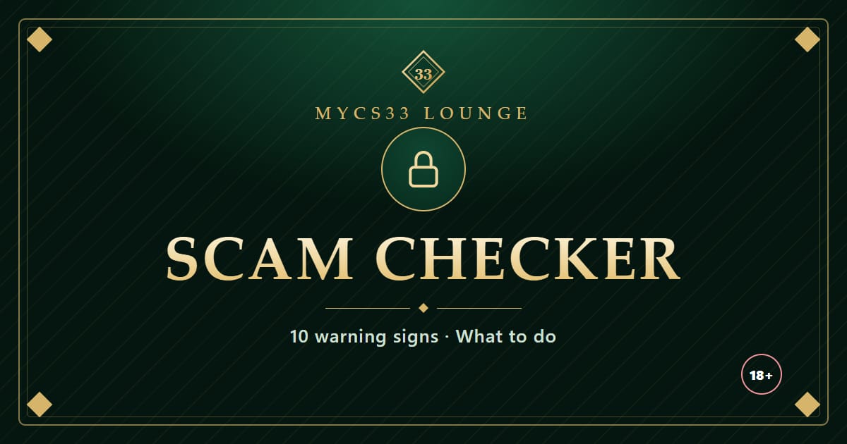Plat zamrud dan emas bertulis Scam Checker dengan ikon mangga, mewakili senarai semak penipuan casino online