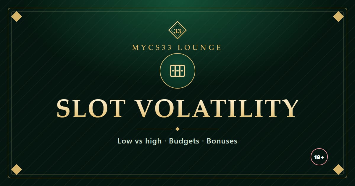 Emerald and gold plate reading Slot Volatility with a reels icon, representing the comparison of low and high volatility
