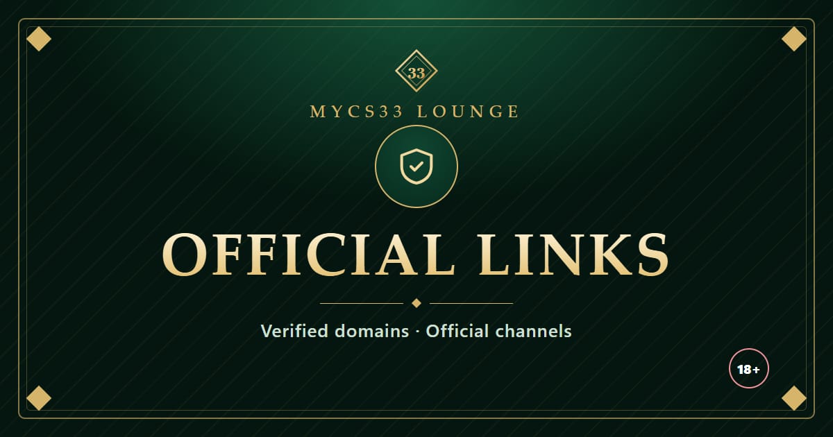 祖母绿与金色底板写着 Official Links,配有盾牌图标,代表 MYCS33 官方网址列表