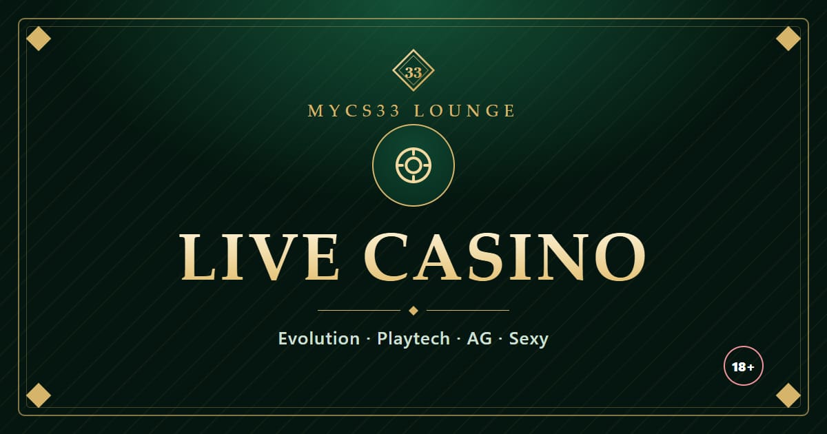 Ilustrasi cip kasino emas di atas latar zamrud dengan tulisan Live Casino dan nama studio Evolution, Playtech, AG dan Sexy