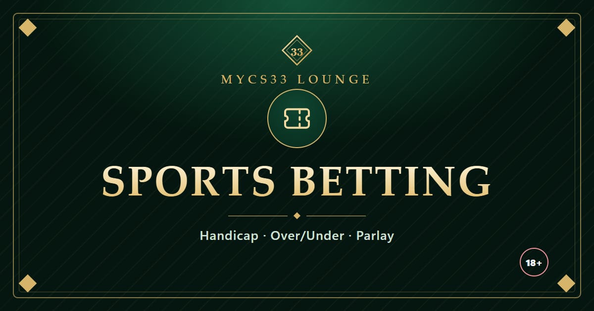 Ilustrasi tiket taruhan emas di atas latar zamrud dengan tulisan Sports Betting, handicap, over/under dan parlay