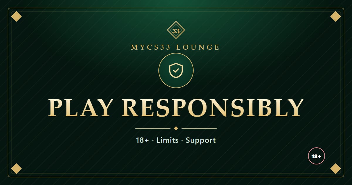 Ilustrasi perisai emas dengan tanda semak di atas latar zamrud dengan tulisan Play Responsibly dan 18+