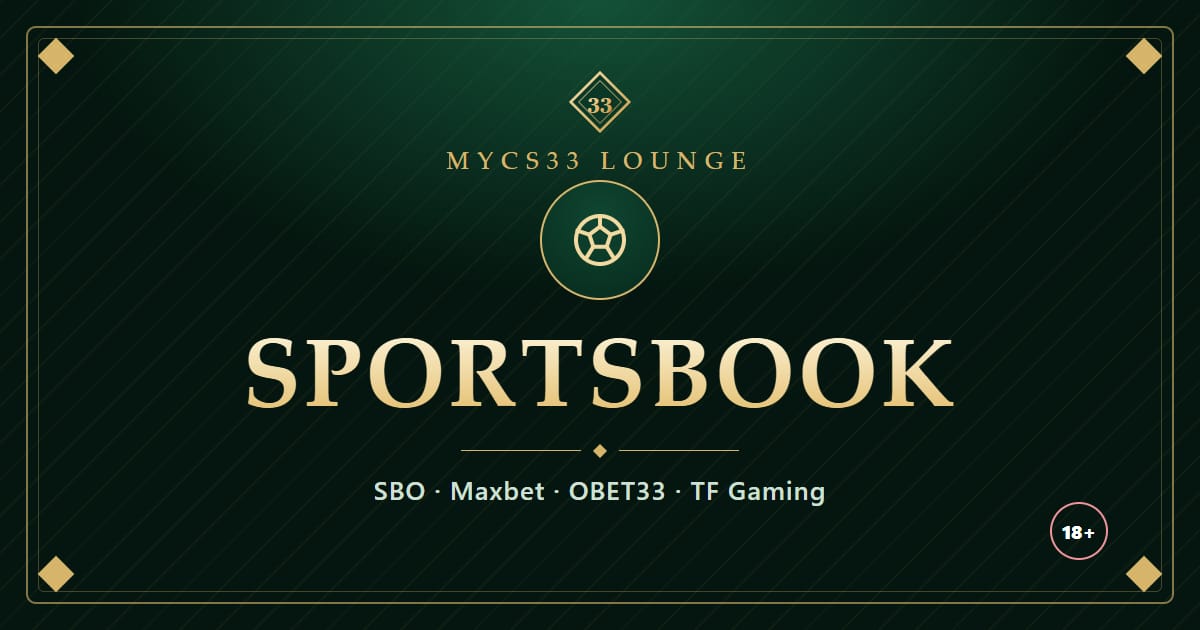 Ilustrasi bola sepak emas di atas latar zamrud dengan tulisan Sportsbook dan nama SBO, Maxbet, OBET33 serta TF Gaming