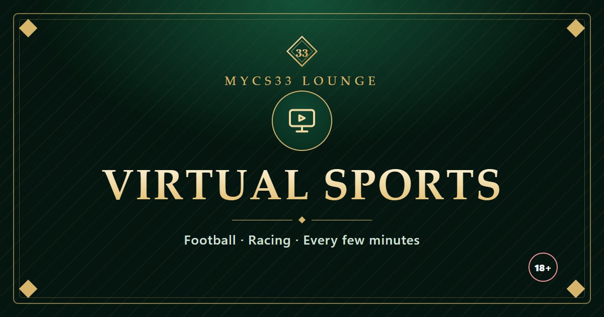 Ilustrasi skrin paparan emas di atas latar zamrud dengan tulisan Virtual Sports serta bola sepak dan lumba