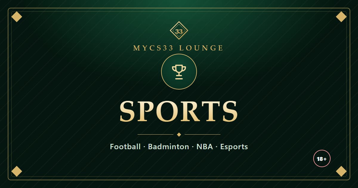 Ilustrasi piala emas di atas latar zamrud dengan tulisan Sports serta bola sepak, badminton, NBA dan e-sukan